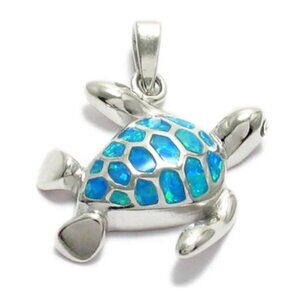 BEAUTIFUL STERLING SILVER CREATED OPAL TURTLE PENDANT